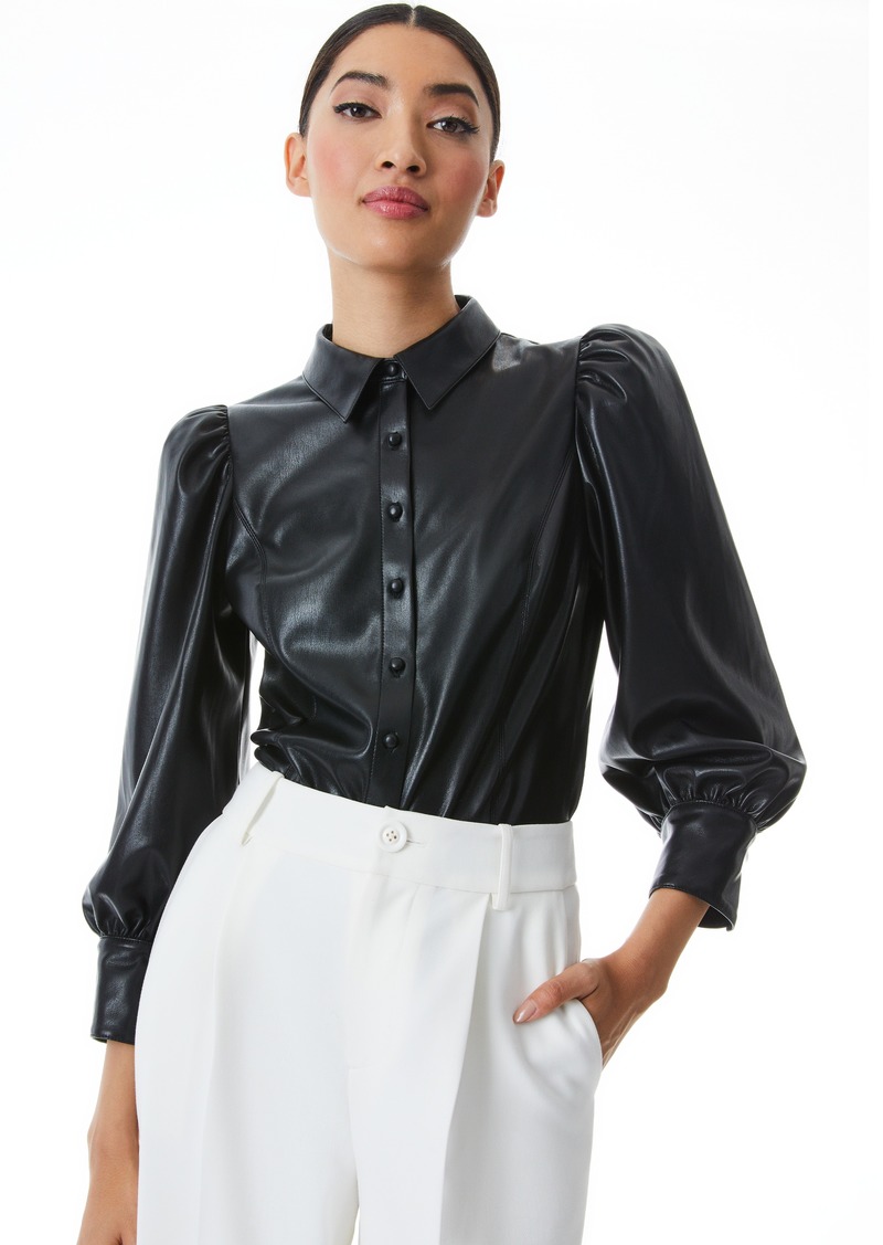 alice + olivia NADINE VEGAN LEATHER BUTTON DOWN