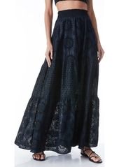 Alice + Olivia Reise Embroidered Cotton & Linen Tiered Maxi Skirt in Black at Nordstrom