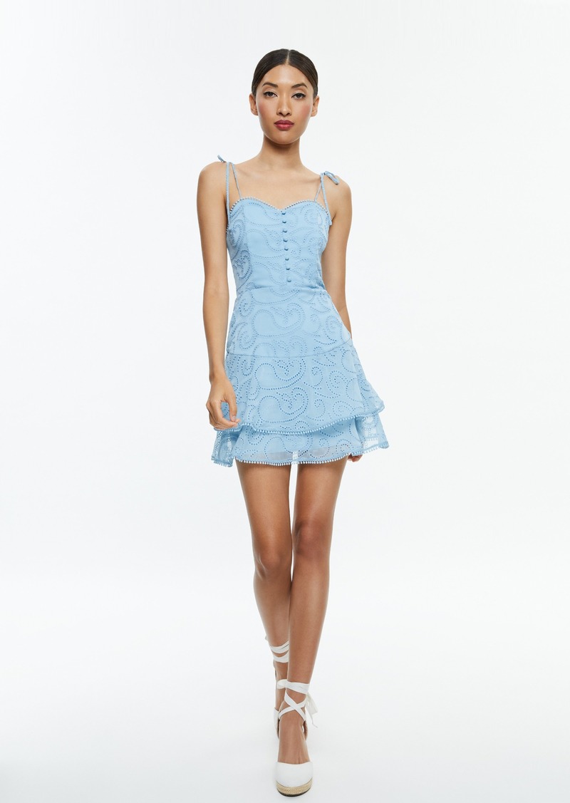 alice + olivia ROSETTE SWEETHEART NECK RUFFLE MINI DRESS