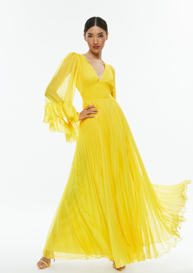 alice + olivia SELENE DEEP V NECK PLEATED MAXI DRESS