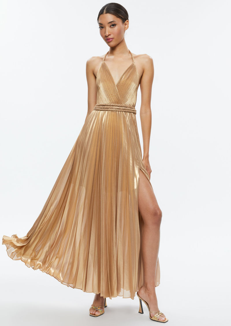 alice + olivia TRESA PLEATED MAXI DRESS WITH SLIT