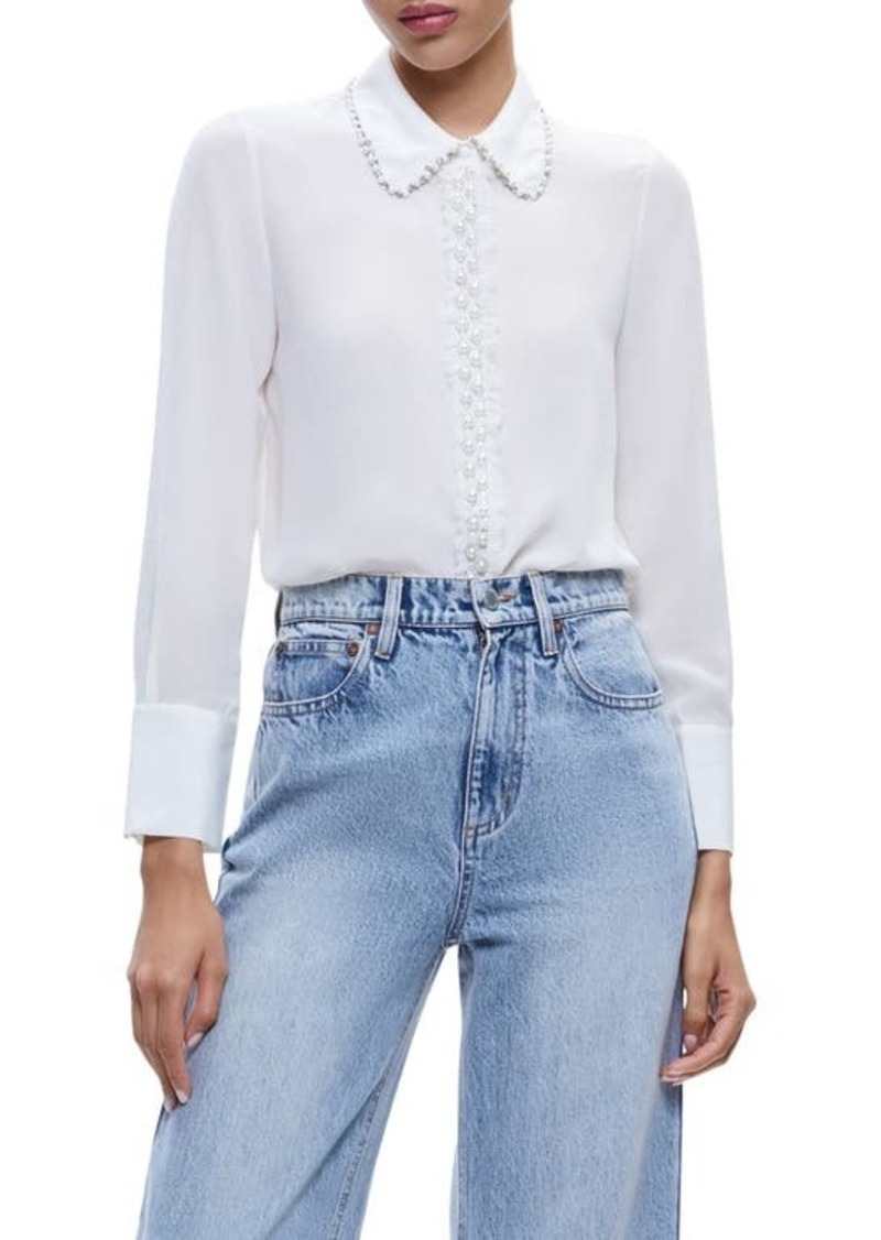 Alice + Olivia Willa Imitation Pearl Embellished Silk Button-Up Shirt