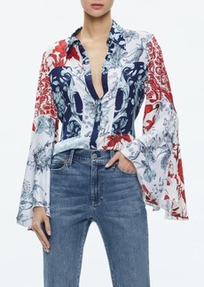 Alice + Olivia Willa Mixed Floral Bell Sleeve Satin Top