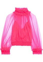 Alice + Olivia Woman Alexia Cropped Velvet-trimmed Tulle Blouse Bright Pink