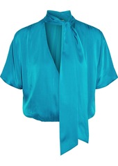 Alice + Olivia Woman Livvy Tie-neck Wrap-effect Washed Silk-blend Blouse Turquoise