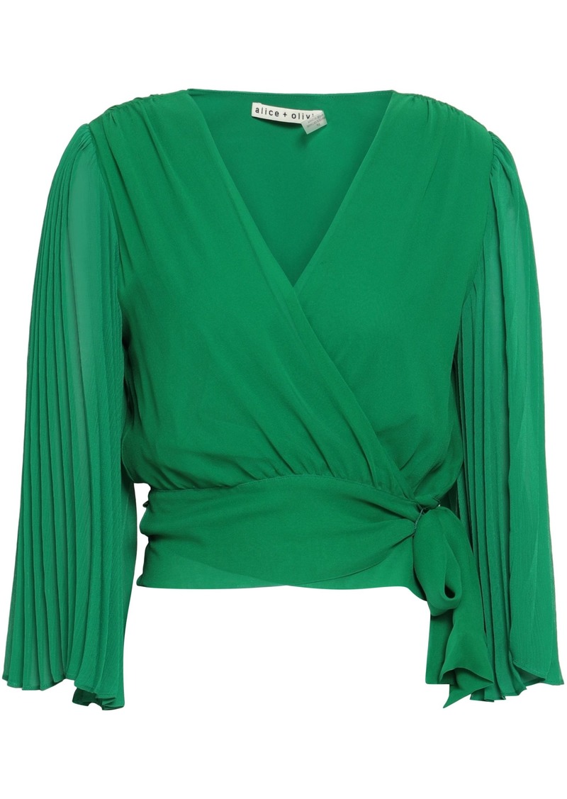 Alice + Olivia Woman Pleated Silk-georgette Wrap Top Green