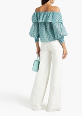 Alice + Olivia Alice Olivia - Alta off-the-shoulder printed cotton and silk-blend voile top - Blue - XS