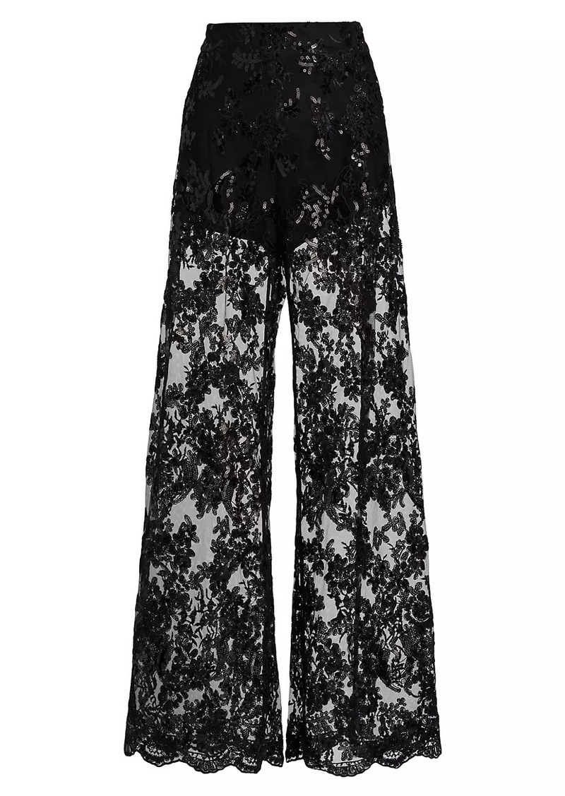 Alice + Olivia Athena Embellished Sheer Lace Wide-Leg Pants