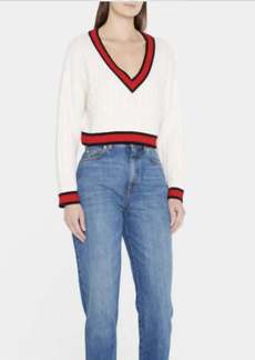 Alice + Olivia Ayden Cropped V Neck Pullover in White/Perfect Ruby