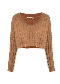 Alice + Olivia Ayden V-Neck Cable Knit Pullover Cropped Top Sweater In Camel