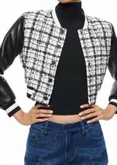 Alice + Olivia Camelia Cropped Combination Varsity Jacket In Off White/black