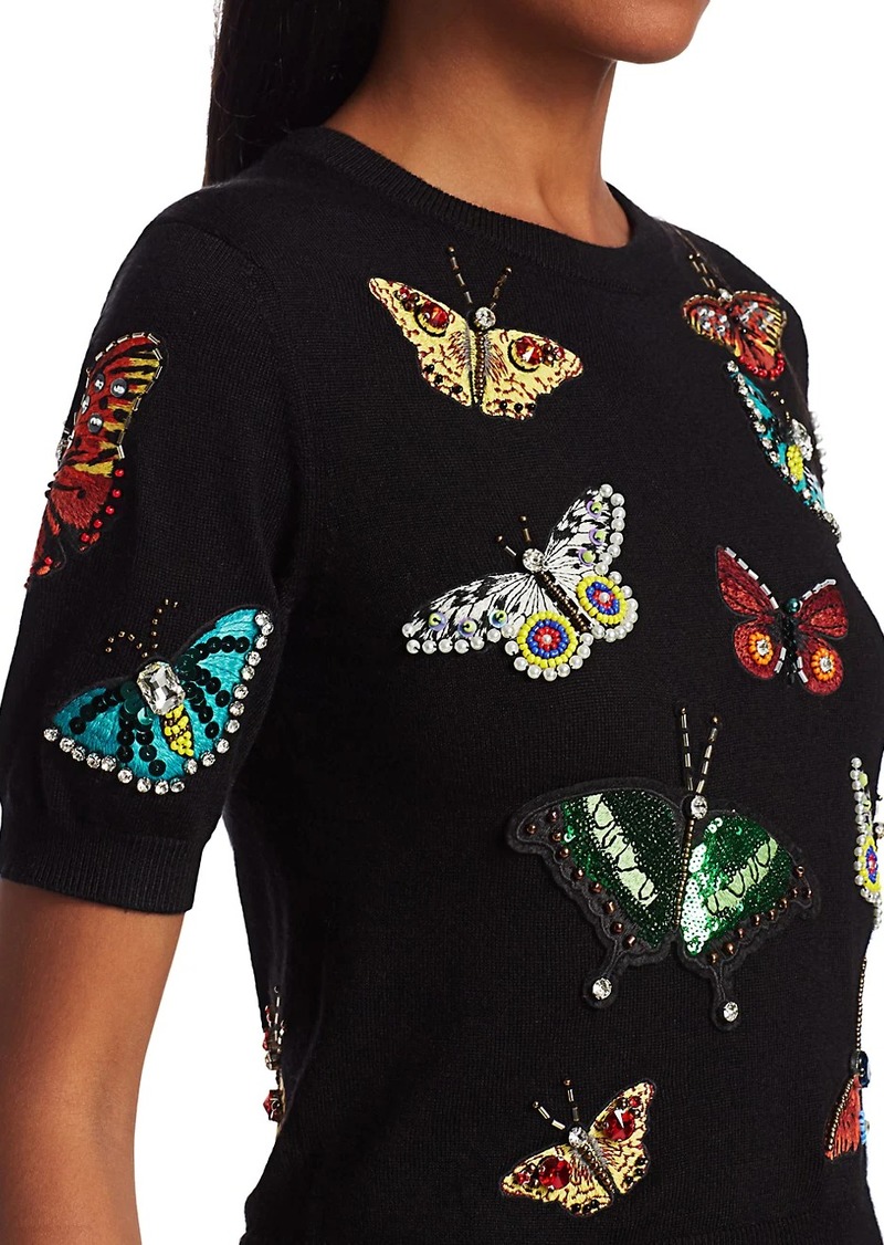 Alice + Olivia Ciara Butterfly Embroidery Stretch-Wool Pullover 