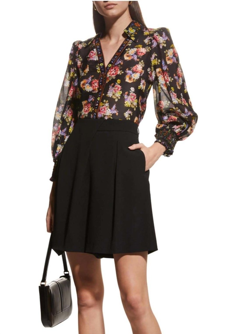 Alice + Olivia Cosima Floral Silk Blouson-Sleeve Button-Front Top In Magnolia Floral Black Multi