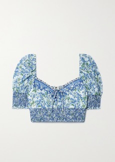 Alice + Olivia Crawford Cropped Smocked Printed Broderie Anglaise Cotton Top