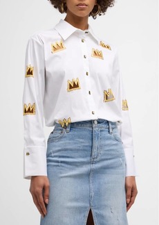Alice + Olivia Finely Embellished Crown Cutout Button-Front Shirt 