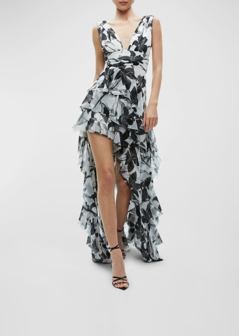 Alice + Olivia Holly Asymmetric Ruffle Maxi Dress