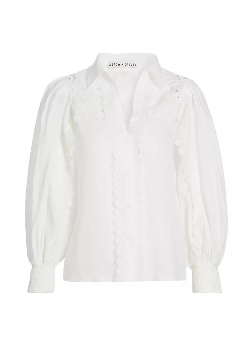 Alice + Olivia Linen Lace-Paneled Blouse