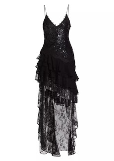Alice + Olivia Nelia Sequin Lace High-Low Maxi Dress