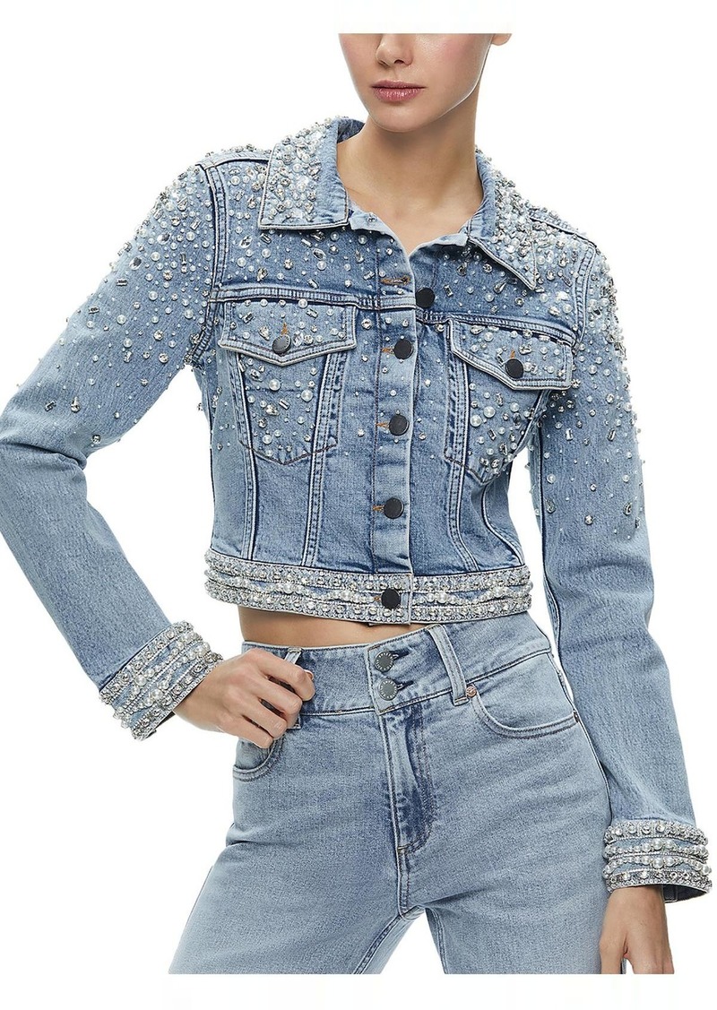 Alice + Olivia Nelson Womens Embellished Cropped Denim Jacket