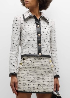 Alice + Olivia Renae Cropped Tweed Jacket with Vegan Leather Binding 