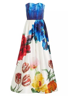 Alice + Olivia Stella Floral Satin Strapless Gown
