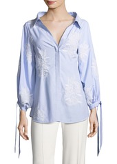 Alice + Olivia Toro Button-Front Pinstriped Shirt with Embroidery