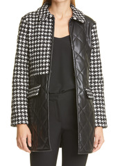 Alice + Olivia Susan Quilted Houndstooth & Faux Leather Peacoat in Black/White at Nordstrom