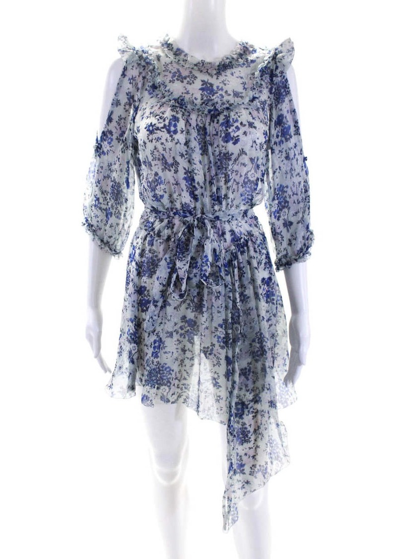 Alice McCall Womens Floral Print Belted Cold Shoulder Ruffled Dress Blue