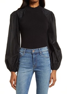 AllSaints Cleo Mixed Media Balloon Sleeve Cotton Blend Blouse in Black at Nordstrom