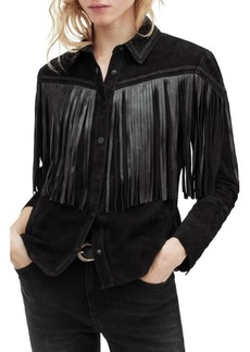 AllSaints Cleo Western Leather Fringe Suede Shirt Jacket