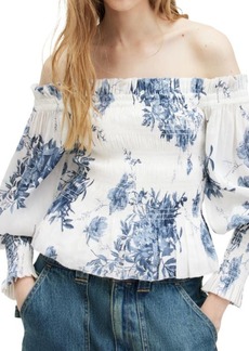 AllSaints Lara Dekorah Off the Shoulder Smocked Linen & Silk Top
