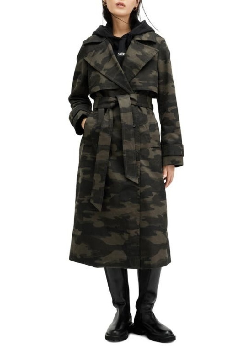AllSaints Mixie Tie Waist Double Breasted Camo Trench Coat
