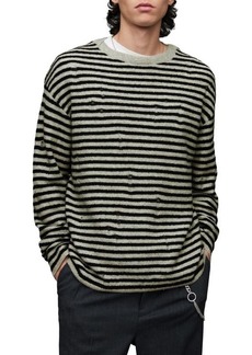 AllSaints Park Stripe Destructed Wool Blend Crewneck Sweater