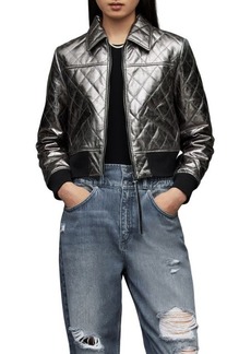 AllSaints Quinn Metallic Quilted Leather Bomber in Gunmetal at Nordstrom