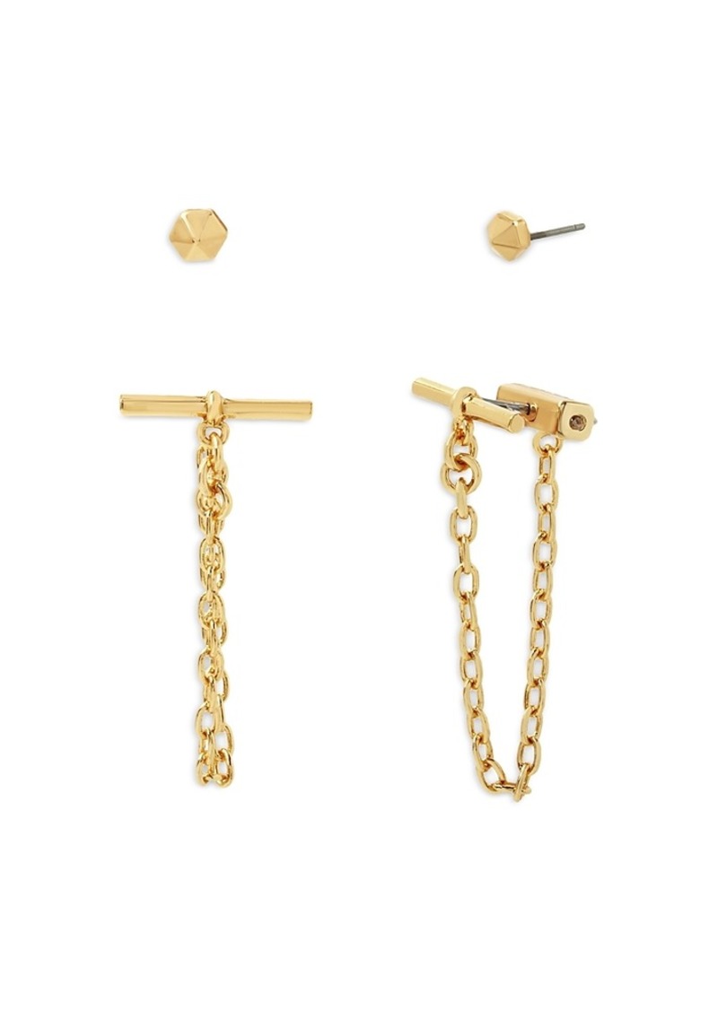 Allsaints Stud & Toggle Chain Front to Back Earrings in Silver Tone or Gold Tone, Set of 2