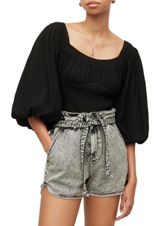 AllSaints Tia Texture Puff Sleeve Top in Black at Nordstrom Rack