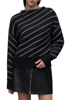 AllSaints Vega Asymmetric Stripe Sweater in Black/Silver at Nordstrom Rack