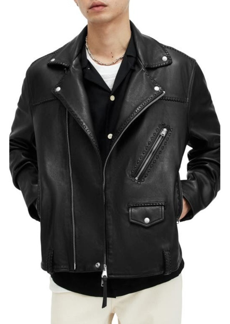 AllSaints Warner Relaxed Fit Whipstitch Leather Biker Jacket