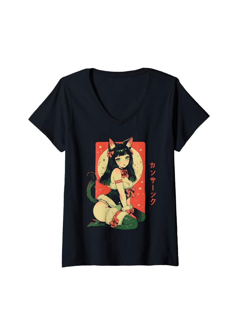 Alternative Apparel Womens Christmas Cat Girl Anime Waifu Kawaii Japan Holiday Cute V-Neck T-Shirt