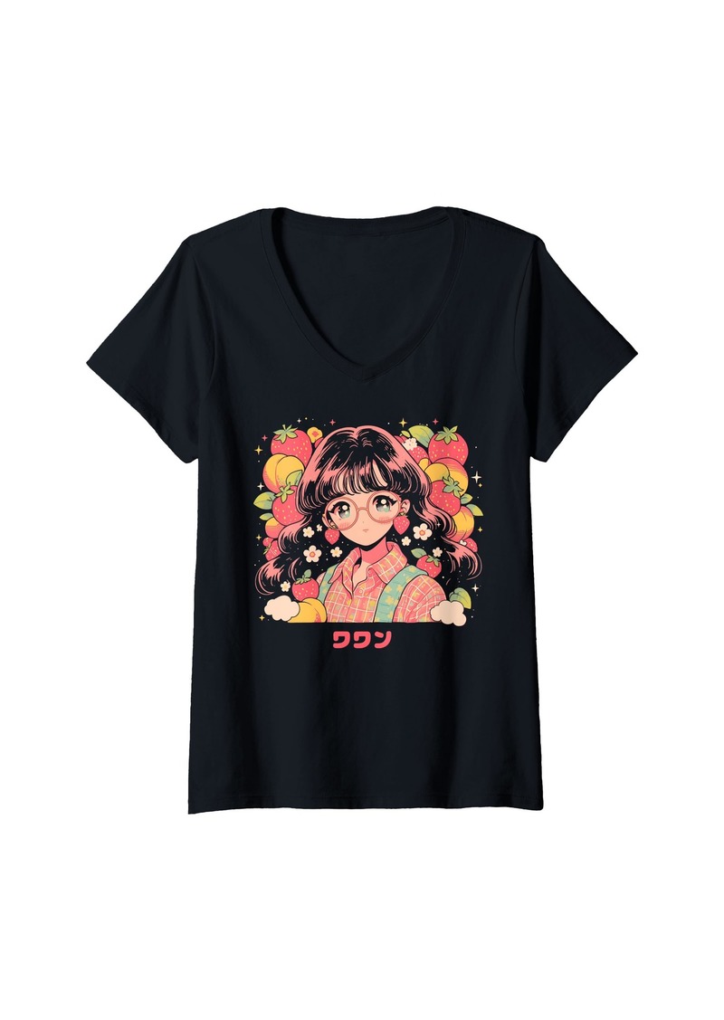 Alternative Apparel Womens Fruit Strawberry Pastel Anime Girl Waifu Cute Alt Aesthetic V-Neck T-Shirt