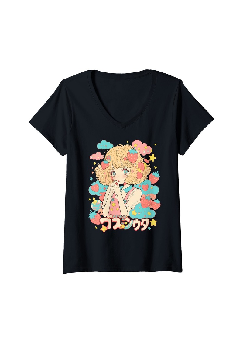 Alternative Apparel Womens Fruit Strawberry Pastel Anime Girl Waifu Cute Alt Aesthetic V-Neck T-Shirt