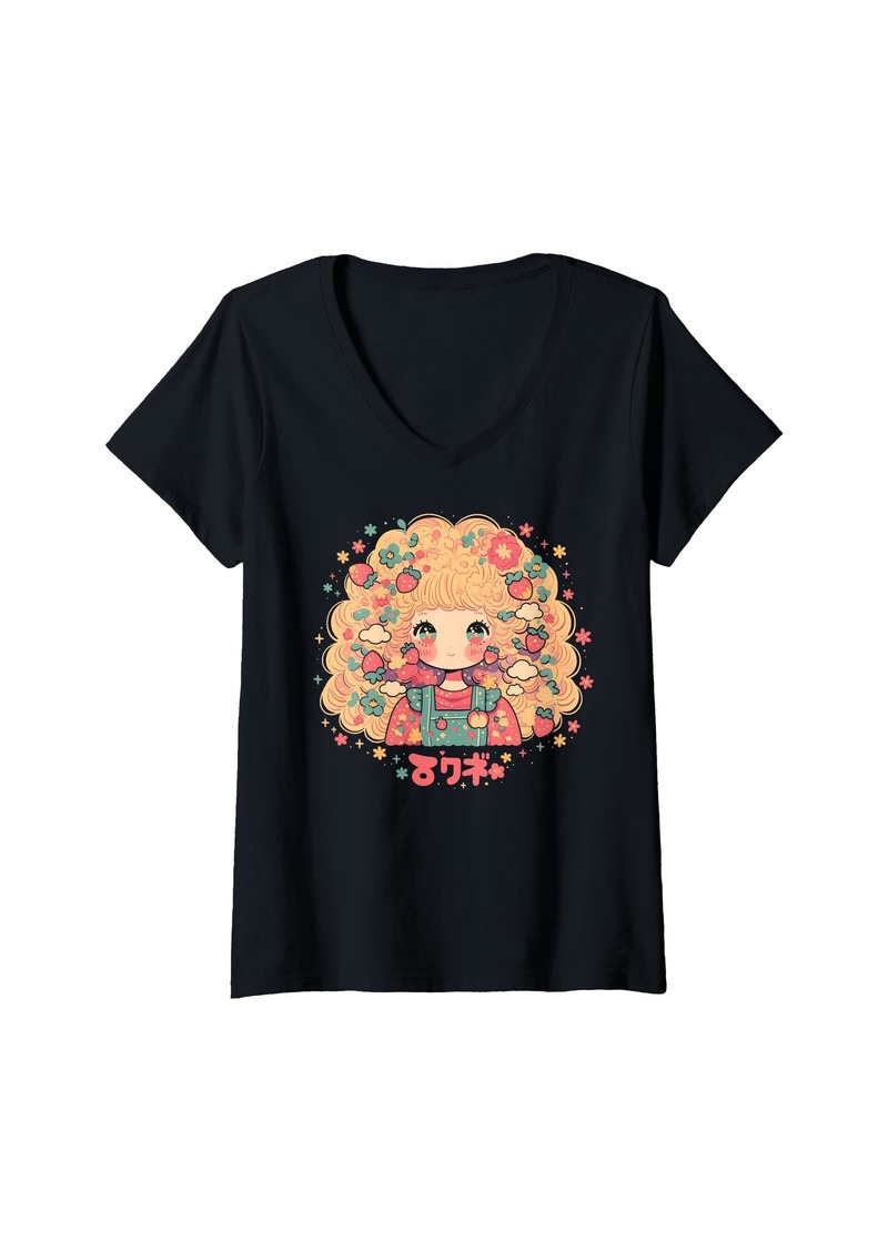 Alternative Apparel Womens Fruit Strawberry Pastel Anime Girl Waifu Cute Alt Aesthetic V-Neck T-Shirt