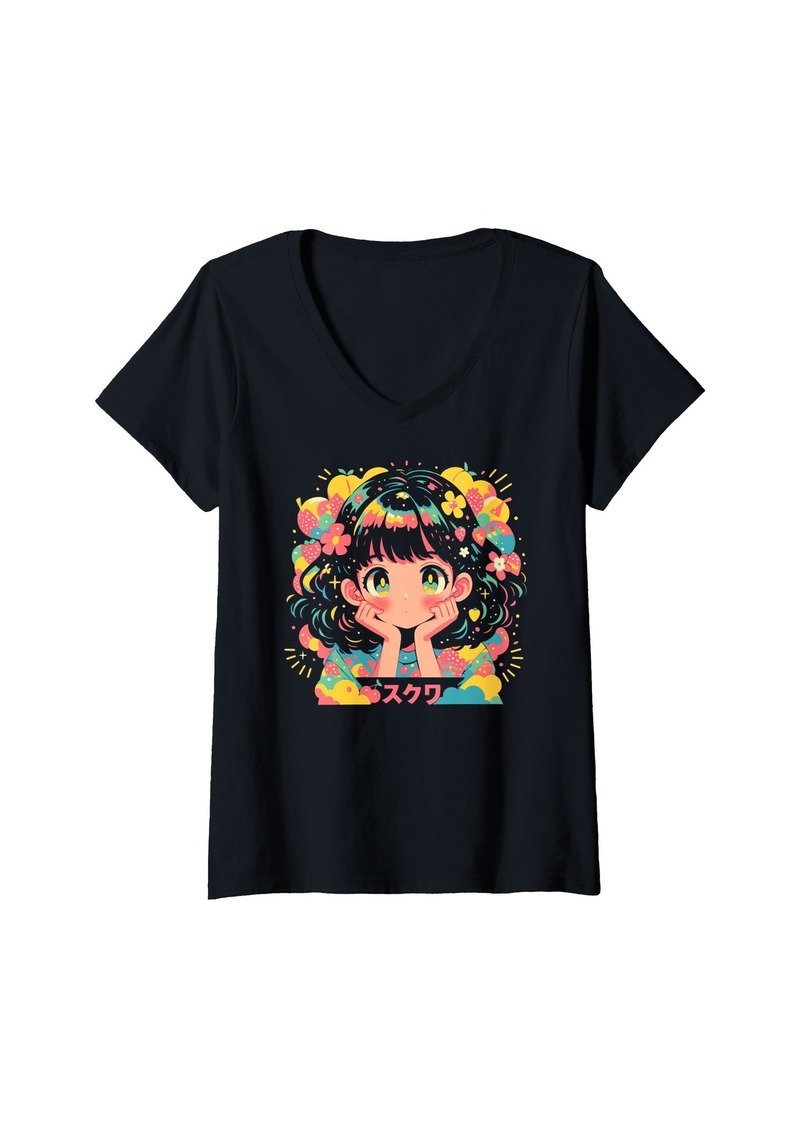 Alternative Apparel Womens Fruit Strawberry Pastel Anime Girl Waifu Cute Alt Aesthetic V-Neck T-Shirt