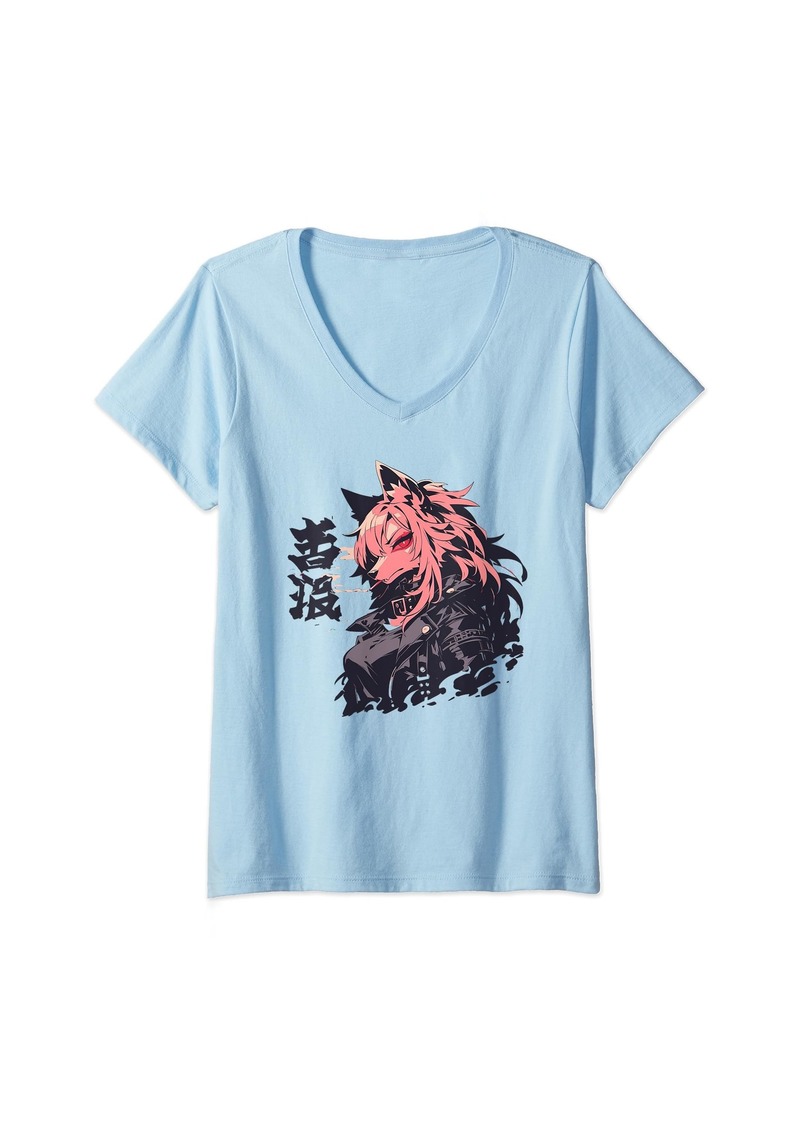 Alternative Apparel Womens Goth Grunge Demon Anime Furry Wolf Horror Alt Aesthetic V-Neck T-Shirt