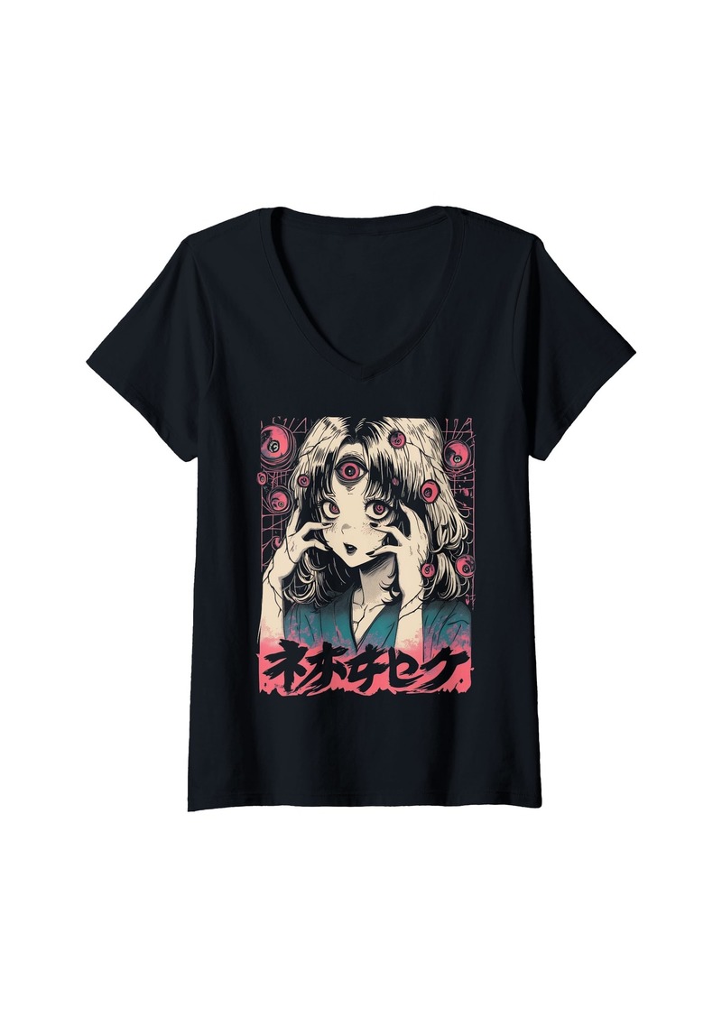 Alternative Apparel Womens Goth Grunge Demon Anime Girl Waifu Horror Alt Aesthetic V-Neck T-Shirt