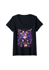 Alternative Apparel Womens Halloween Pumpkin Pastel Anime Girl Waifu Bats Spooky Kawaii V-Neck T-Shirt