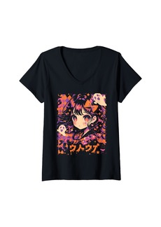 Alternative Apparel Womens Halloween Pumpkin Pastel Anime Girl Waifu Bats Spooky Kawaii V-Neck T-Shirt