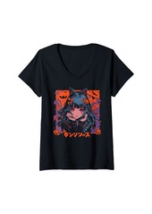 Alternative Apparel Womens Halloween Pumpkin Pastel Anime Girl Waifu Bats Spooky Kawaii V-Neck T-Shirt