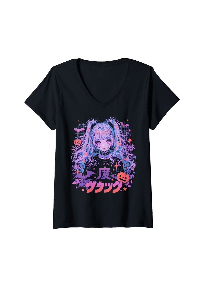 Alternative Apparel Womens Halloween Pumpkin Pastel Anime Girl Waifu Bats Spooky Kawaii V-Neck T-Shirt