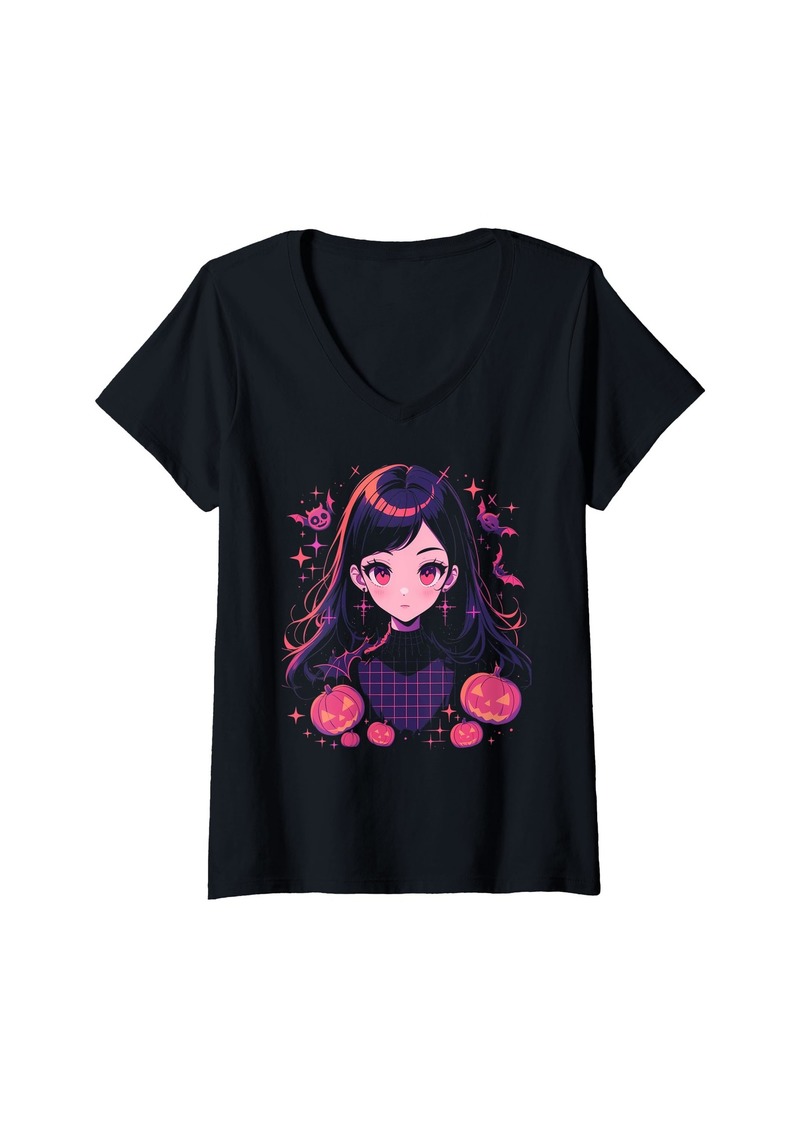 Alternative Apparel Womens Halloween Pumpkin Pastel Anime Girl Waifu Bats Spooky Kawaii V-Neck T-Shirt